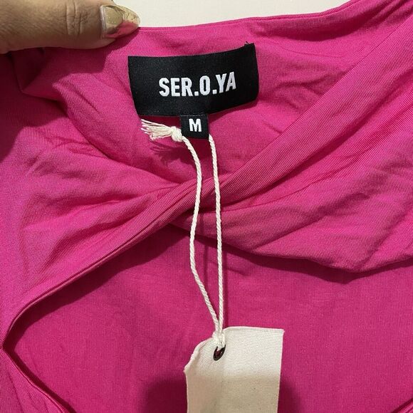 SER•O•YA Hot Pink Irene Dress Long Sleeve Cut Out Midi Length Size Medium NWT - Picture 3 of 6